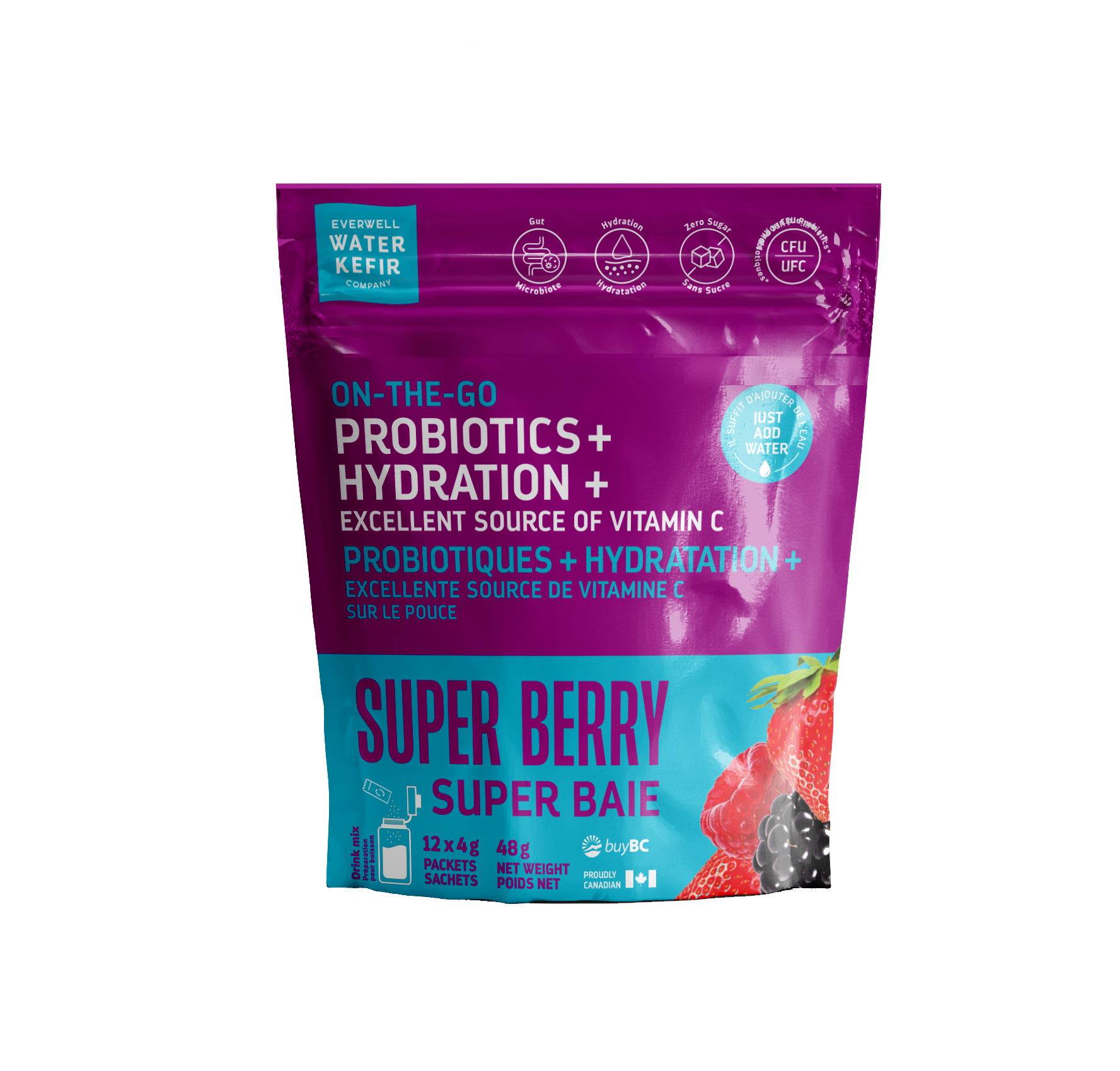 Purple and blue package of 'On-The-Go Probiotics + Hydration' with 'Super Berry' flavor on a white background.