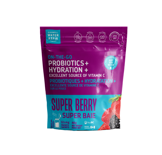 Purple and blue package of 'On-The-Go Probiotics + Hydration' with 'Super Berry' flavor on a white background.