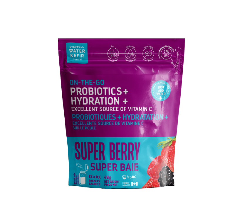 Purple and blue package of 'On-The-Go Probiotics + Hydration' with 'Super Berry' flavor on a white background.