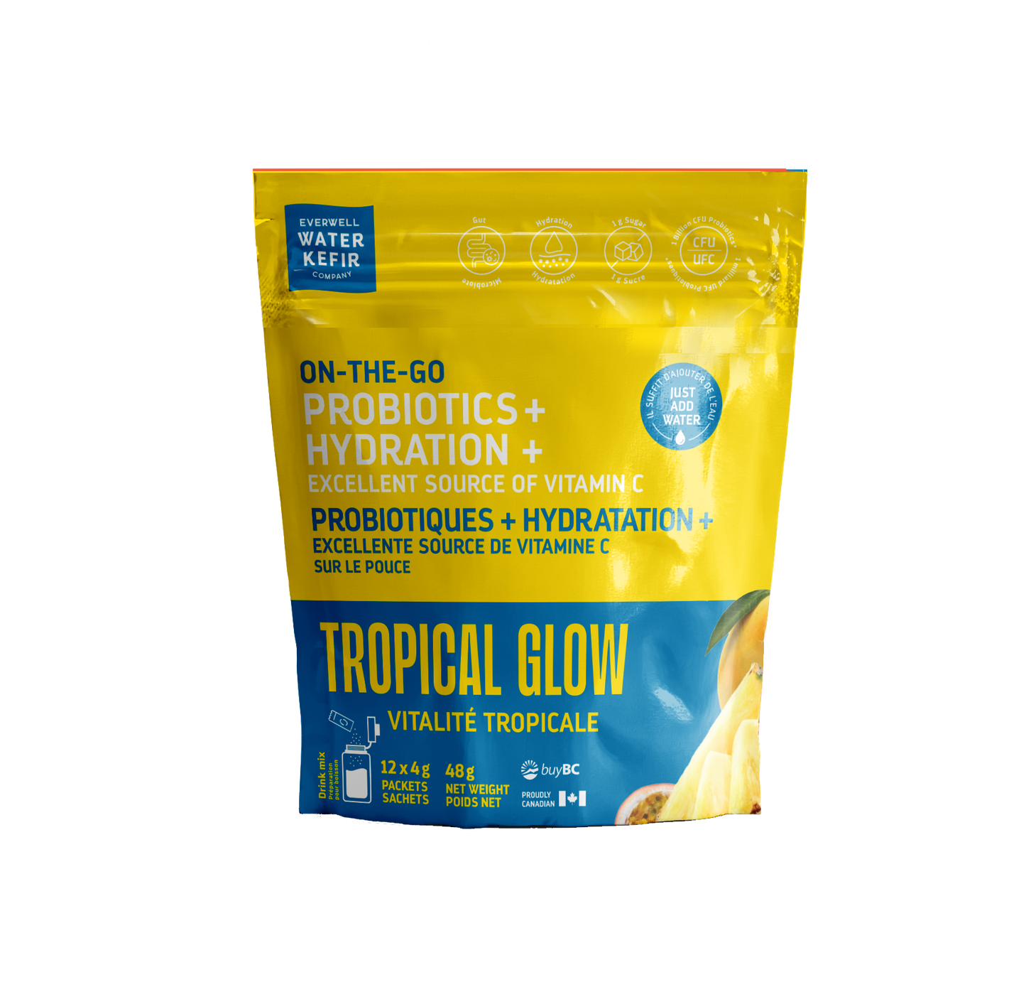 Yellow and blue package of 'Tropical Glow' probiotics on a white background