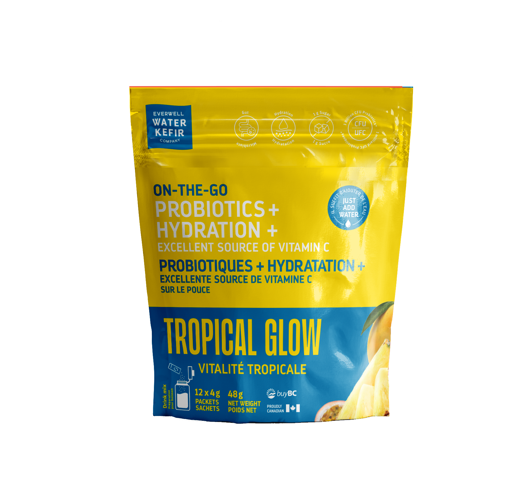 Yellow and blue package of 'Tropical Glow' probiotics on a white background