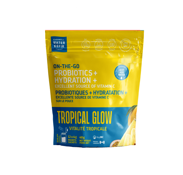 Yellow and blue package of 'Tropical Glow' probiotics on a white background