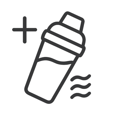 Black line art outline of a bottle with a plus sign and wavy lines on a white background
