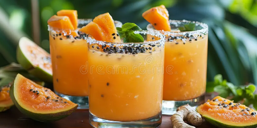 Three glasses of orange smoothie with cantaloupe pieces on a wooden surface with a blurred green background.