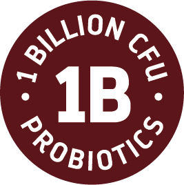 Circular logo with 1 Billion CFU Probiotics text on a red background