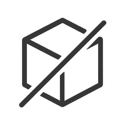 Black line art icon of a cube with a diagonal line through it representing no packaging or unpackaged on a white background