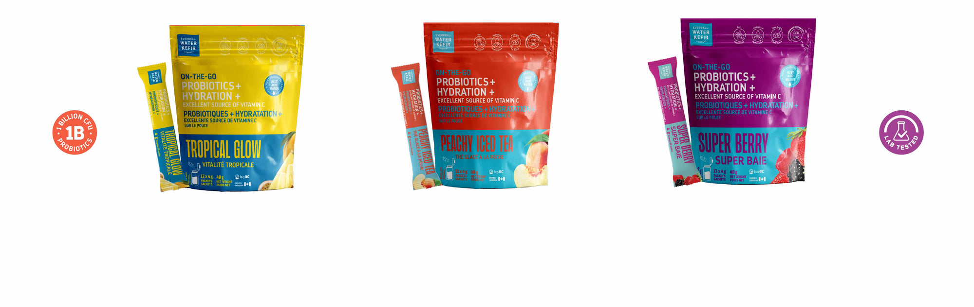 Assorted drink mix products for health and wellness on a white background