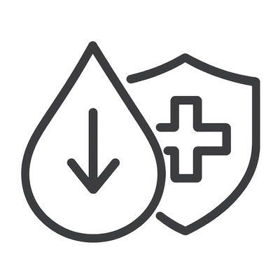 Icon of a droplet with an arrow and a shield with a plus sign on a white background