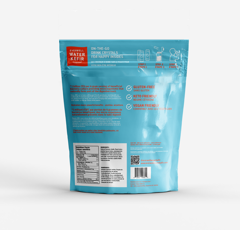 Blue package of Everwell Water Kefir Peachy Iced Tea drink mix on a white background