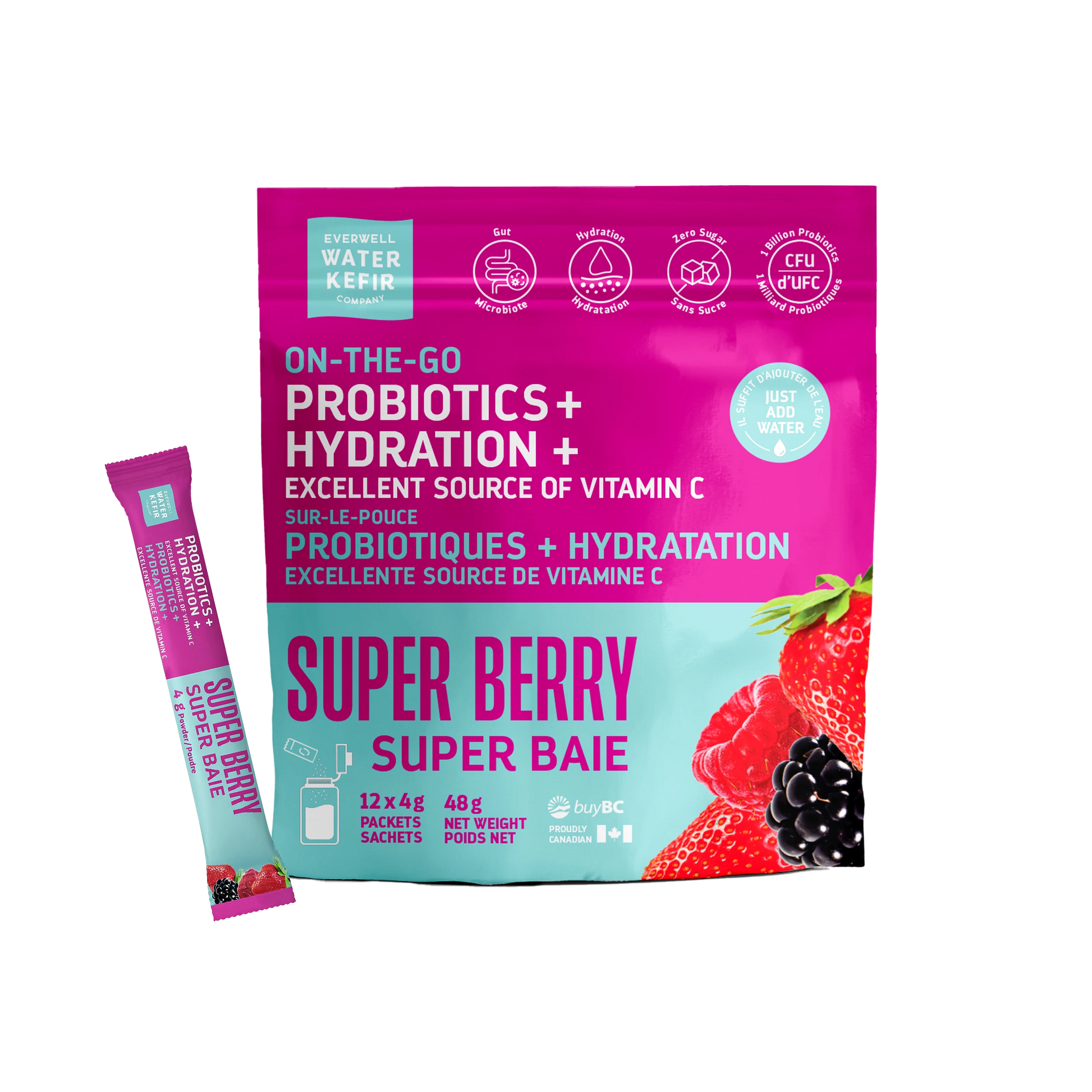 Everwell Water Kefir Super Berry probiotic drink mix powder for gut health