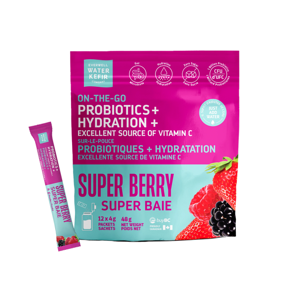 Everwell Water Kefir Super Berry probiotic drink mix powder for gut health
