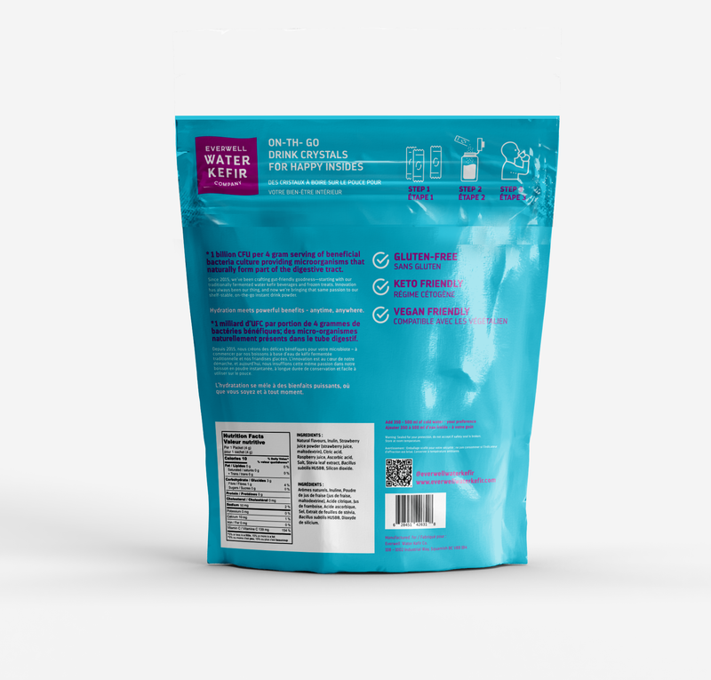 Blue package of Everwell Water Kefir Super Berry drink mix on a white background