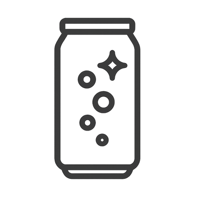 Line drawing of a can with bubbles and a star on a white background