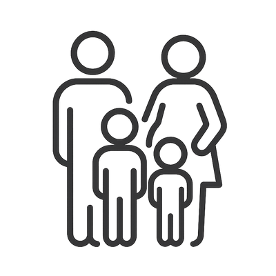 Black line drawing of a family with two adults and two children on a white background
