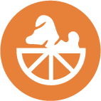 Logo with a dog and child in a wheelbarrow on an orange circle background