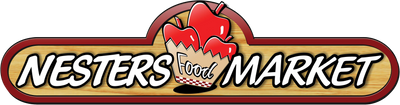 Logo of Nesters Food Market with a basket of apples on a wooden background
