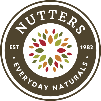 Logo of Nutters Everyday Naturals with a circular design and colorful leaf pattern on a green background