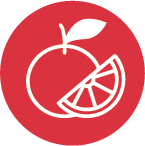 Icon of an orange with a slice on a red circle background