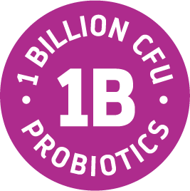Purple circle with 1 Billion CFU Probiotics text on a white background