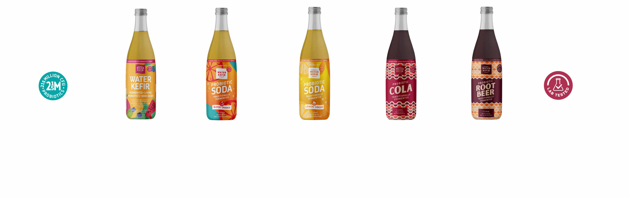 Five 1L bottles of assorted sodas on a white background