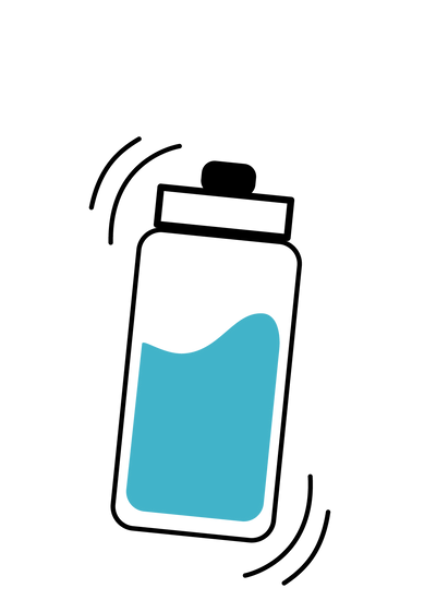 Illustration of a water bottle with blue liquid and a black cap on a white background