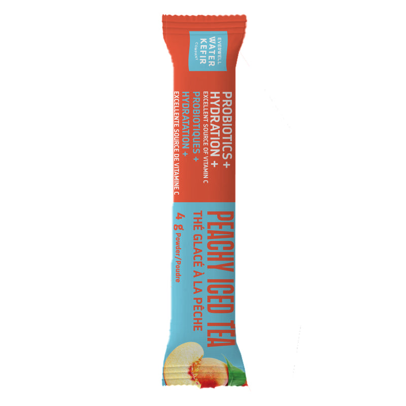 Water Kefir Peachy Iced Tea drink mix sachet on a white background