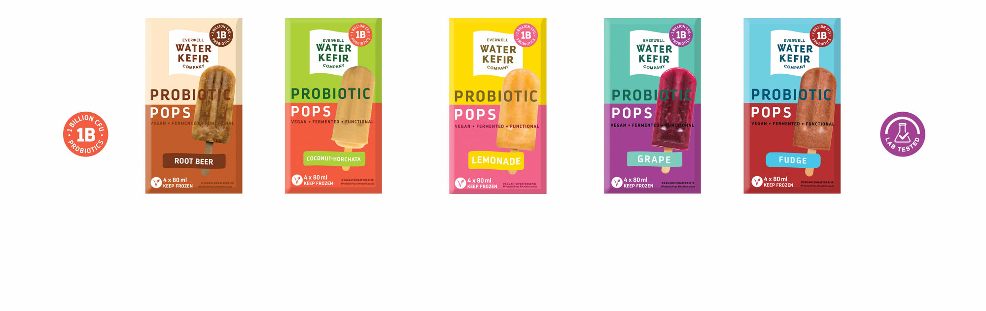 Five packages of Water Kevin Probiotic Pops in different flavors on a white background.